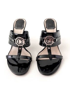 CHRISTIAN DIOR | Black Patent Leather CD Silver Metal Logo Mule Heels Y2K 36.5